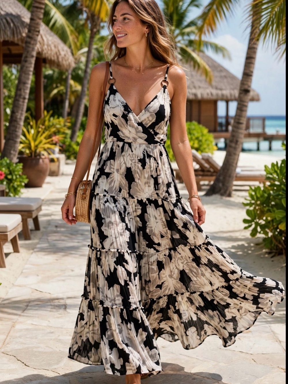 Philosophy Black and Cream Floral Tiered Maxi Dress PTP 21”, L 53”